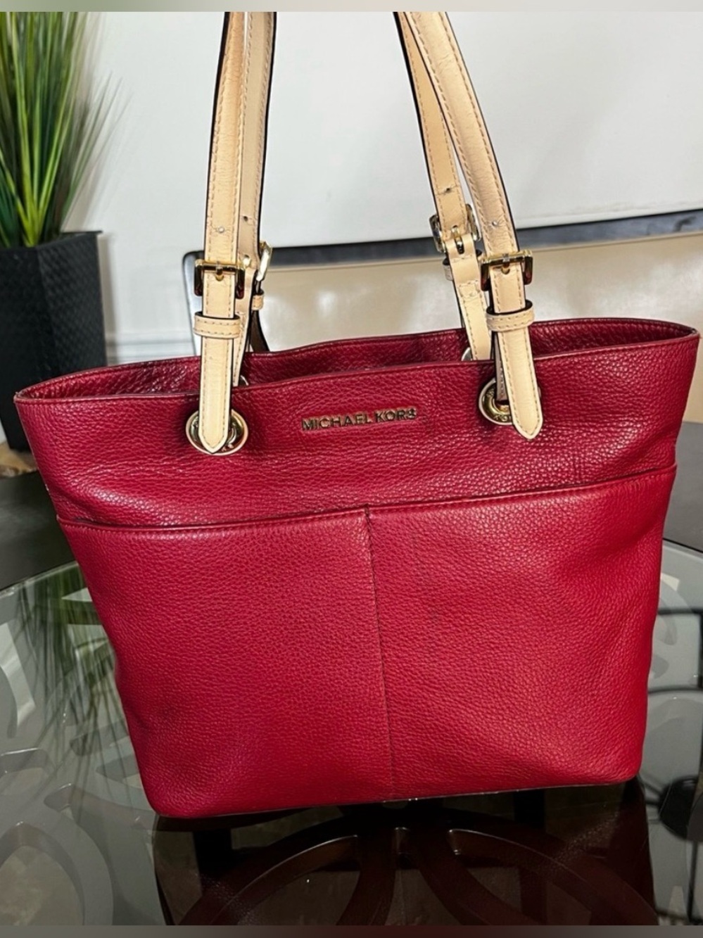 Michael Kors Bedford Red Pebbled Leather Tote Bag